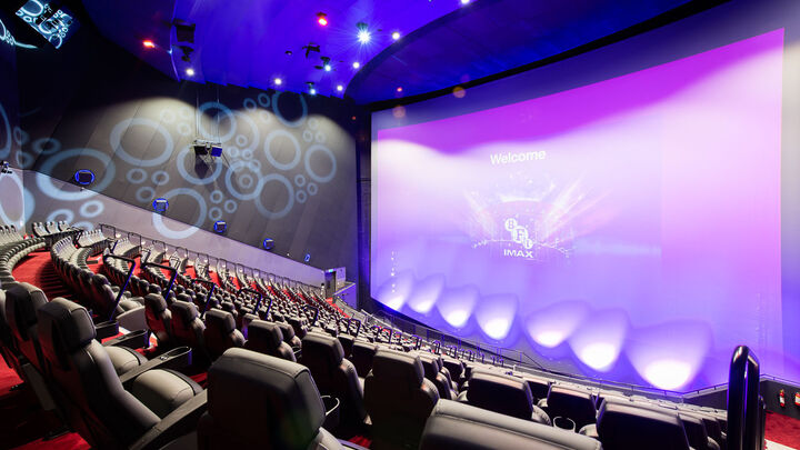 Inside the auditorium at BFI IMAX from the top row of seats looking down to the big screen