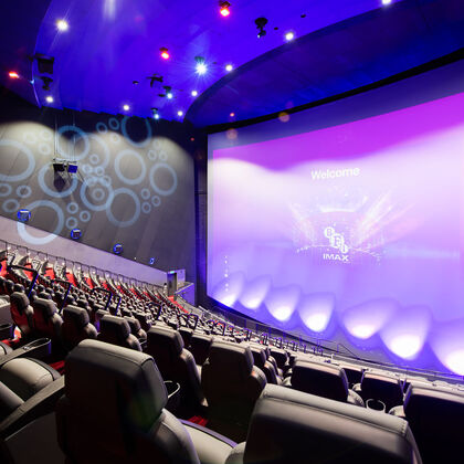 Inside the auditorium at BFI IMAX from the top row of seats looking down to the big screen