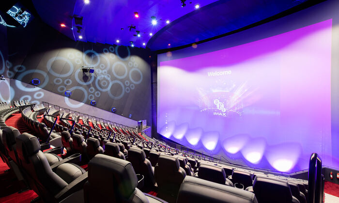 Inside the auditorium at BFI IMAX from the top row of seats looking down to the big screen