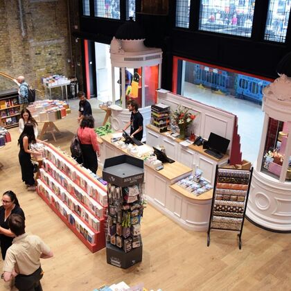 Aerial view of the counter and entrance at Foyles bookshop at waterloo station