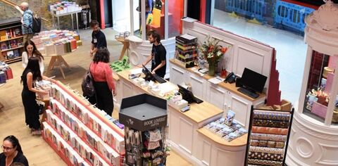 Aerial view of the counter and entrance at Foyles bookshop at waterloo station
