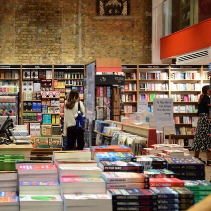 Books stacked on shelves at the Foyles bookshop at waterloo station