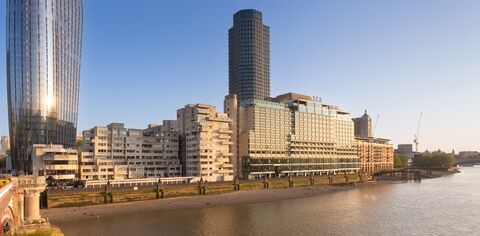 Panorama view of river thames and south bank at low tide, on the left blackfriars bridge, in the middle sea containers hotel and on the right oxo tower