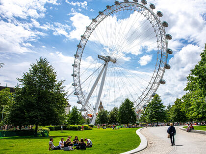 View of the London Eye in the summer with oak trees and a park in the foreground. A person is walking up a winding path through the park in the direction of the London Eye wheel