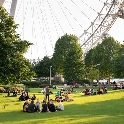 A view of the London Eye from Jubilee Gardens on a sunny day