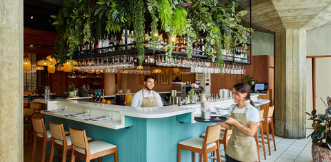 A blue bar counter with plants hanging above it. A waiter is behind the counter smiling and in front a waitress in an apron walks past with a tray