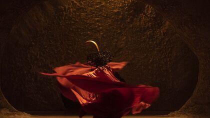 One performer on stage twirling in a poppy costume.