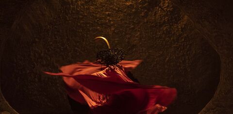 One performer on stage twirling in a poppy costume.