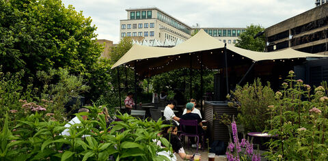 People sat drinking at an outdoor bar with a shelter, surrounded by plants and flowers.