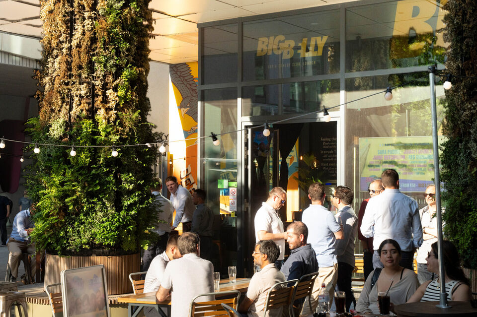 People sitting in the sun with drinks outside the Big Belly Bar