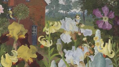 Painting of pink, yellow and white flowers with a red brick house in the background
