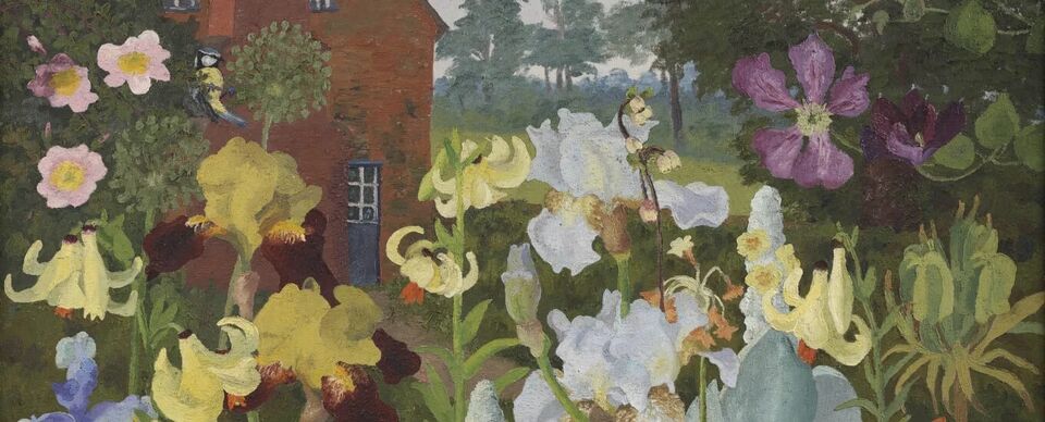 Painting of pink, yellow and white flowers with a red brick house in the background