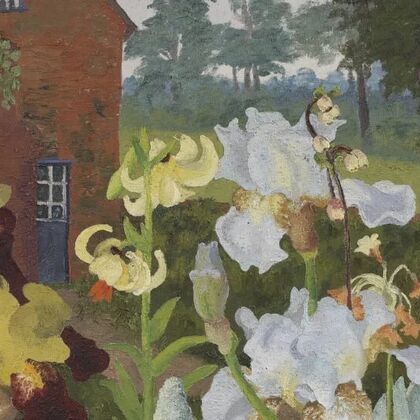 Painting of pink, yellow and white flowers with a red brick house in the background