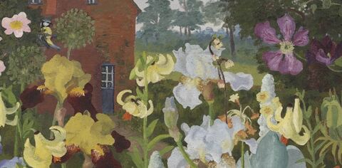 Painting of pink, yellow and white flowers with a red brick house in the background