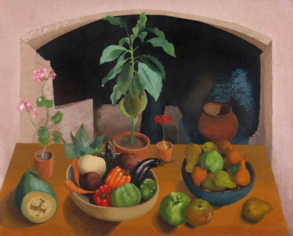 Still life rable painting by Cedric Morris with various vegetables, apples, pairs and potted plants against a pale pink background