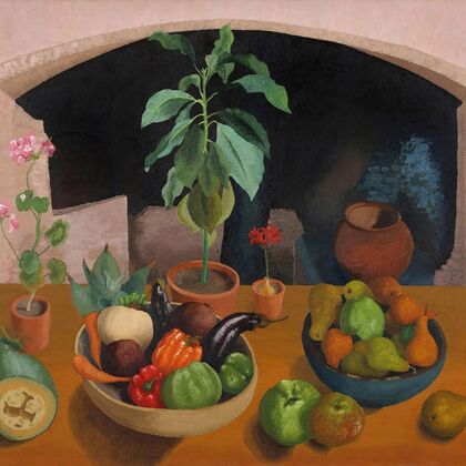 Still life rable painting by Cedric Morris with various vegetables, apples, pairs and potted plants against a pale pink background