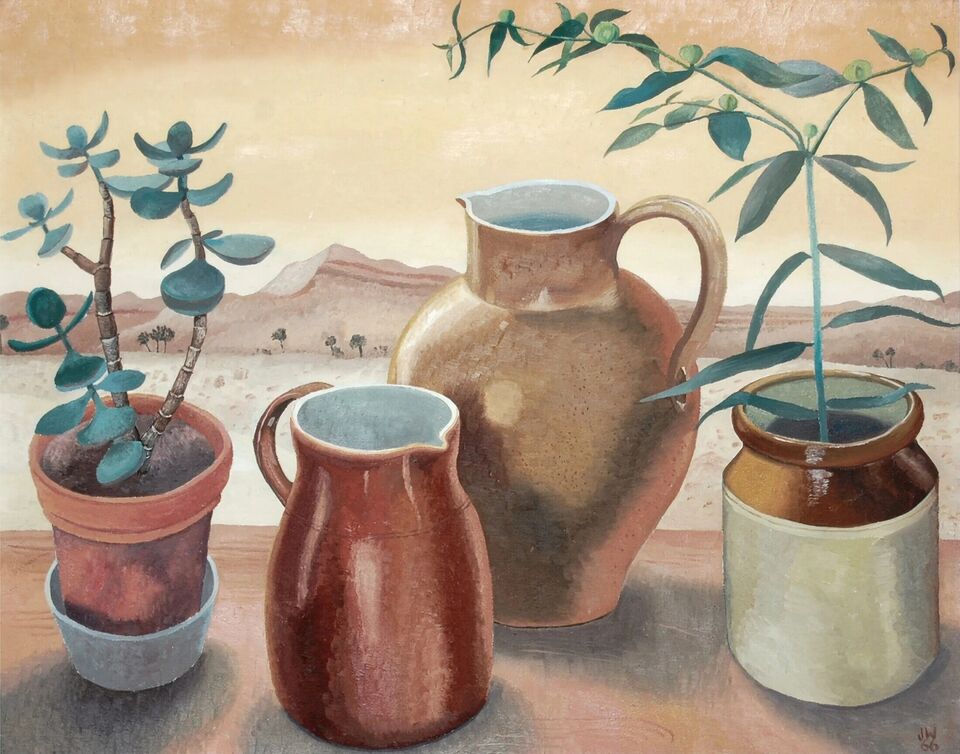 A still life painting of three earthenware jugs and a terracota plant pot with a succulent in it