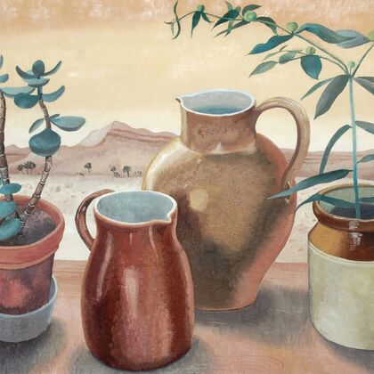 A still life painting of three earthenware jugs and a terracota plant pot with a succulent in it