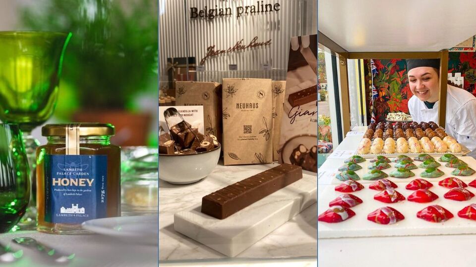 From left: Lambeth Palace honey, Belgian chocolate at Neuhaus, handmade chocolates by Gabu