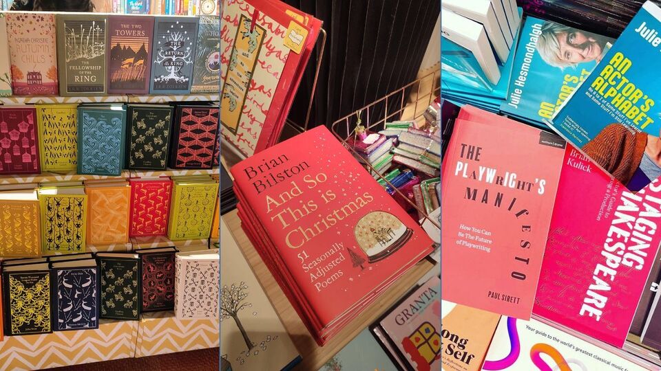 3 pictures of books; From left: Hardback classics at Foyles, poetry at Southbank Centre Shop Royal Festival Hall, bestsellers at the National Theatre bookshop